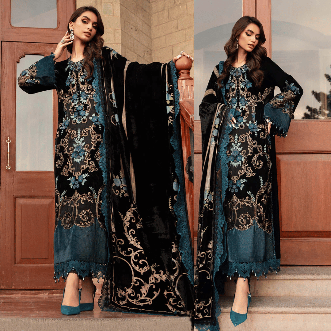 3PC Embroidered Velvet Dress with Plachi Velvet Shawl - zab995
