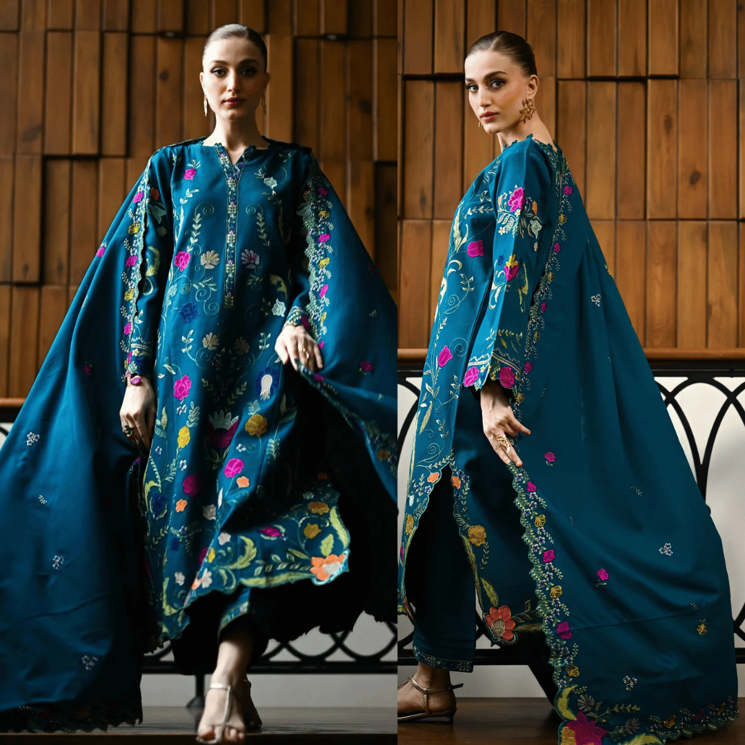 Nisa - 3PC DHANAK EMBROIDERED SHIRT WITH DHANAK EMBROIDERED SHAWL - zab1244