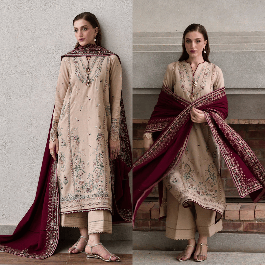 JAZMIN - 3PC DHANAK EMBROIDERED SHIRT WITH DHANAK EMBROIDERED SHAWL AND TROUSER - zab1258
