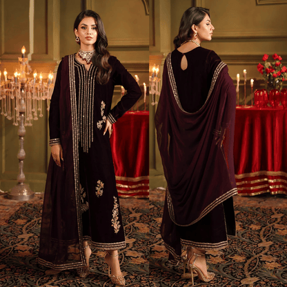 Velvet Embroidered Dress With Embroidered Chiffon Dupatta - zab947