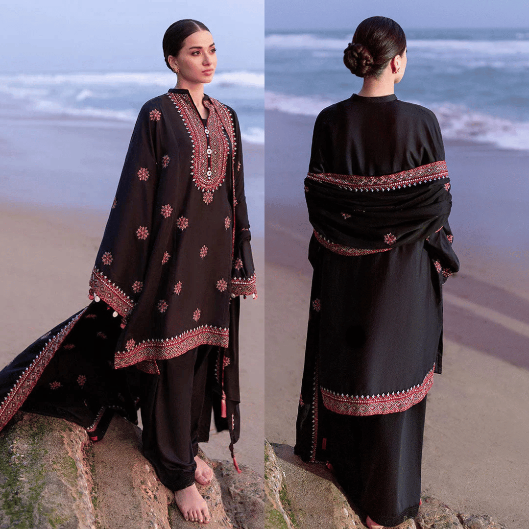 CROSS STITCH-3PC DHANAK EMBROIDERED SHIRT WITH DHANAK EMBROIDERED SHAWL - zab1259