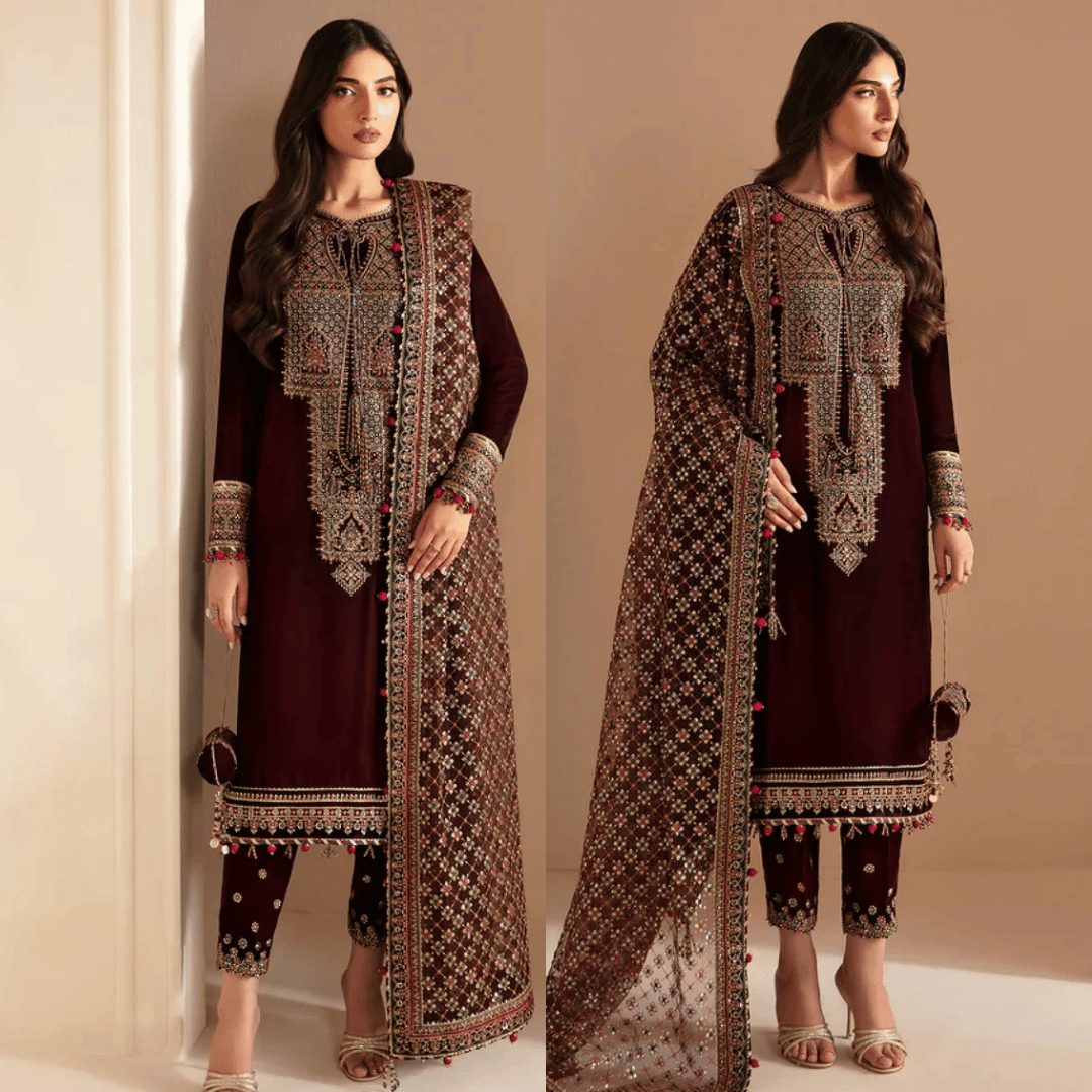 Jazmin - Embroidered Velvet 3-Piece Dress - zab946