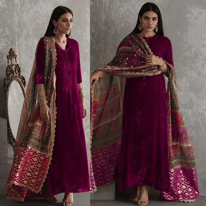 Jazmin - Embroidered Velvet 3-Piece Dress - zab945