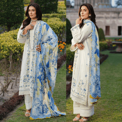 IZEL-3PC DHANAK EMBROIDERED SHIRT WITH COURTRAI WOOL PRINT SHAWL - zab1263