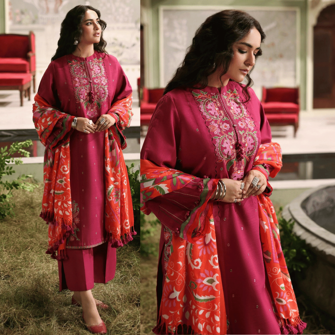 Sapphire - -3PC DHANAK EMBROIDERED SHIRT WITH COURTRAI WOOL PRINT SHAWL - zab1265
