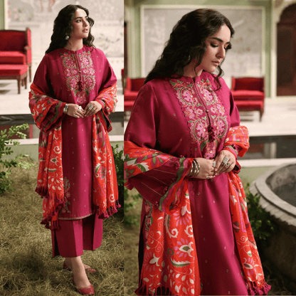 Sapphire - -3PC DHANAK EMBROIDERED SHIRT WITH COURTRAI WOOL PRINT SHAWL - zab1265