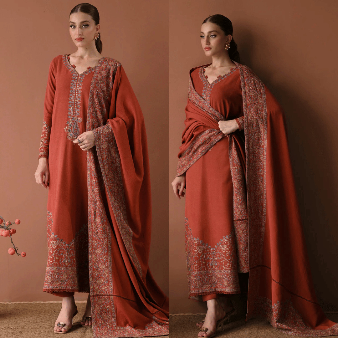 Izel - DHANAK EMBROIDERED SHIRT WITH DHANAK EMBROIDERED SHAWL - zab1269