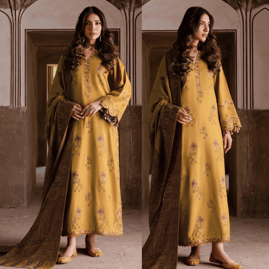 IZEL-3PC DHANAK EMBROIDERED SHIRT WITH COURTRAI WOOL PRINT SHAWL - zab1272