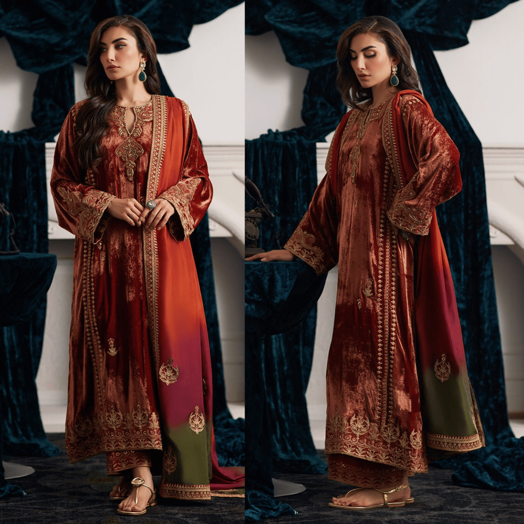 ZAB Embroidered Velvet Dress with Embroidered Karandi Shawl - zab941