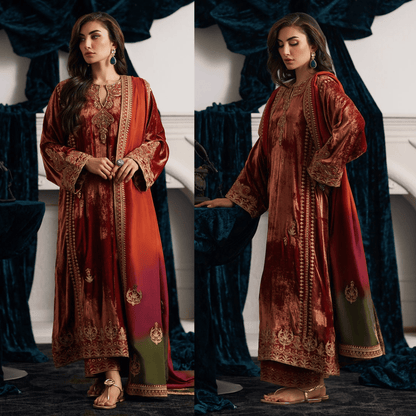 ZAB Embroidered Velvet Dress with Embroidered Karandi Shawl - zab941