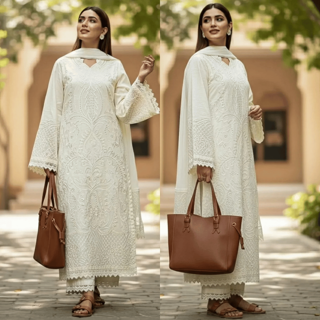 ZAB - 3PC Lawn Chiken Kari Embroidered Shirt with organza Embroidered Dupatta zab1286