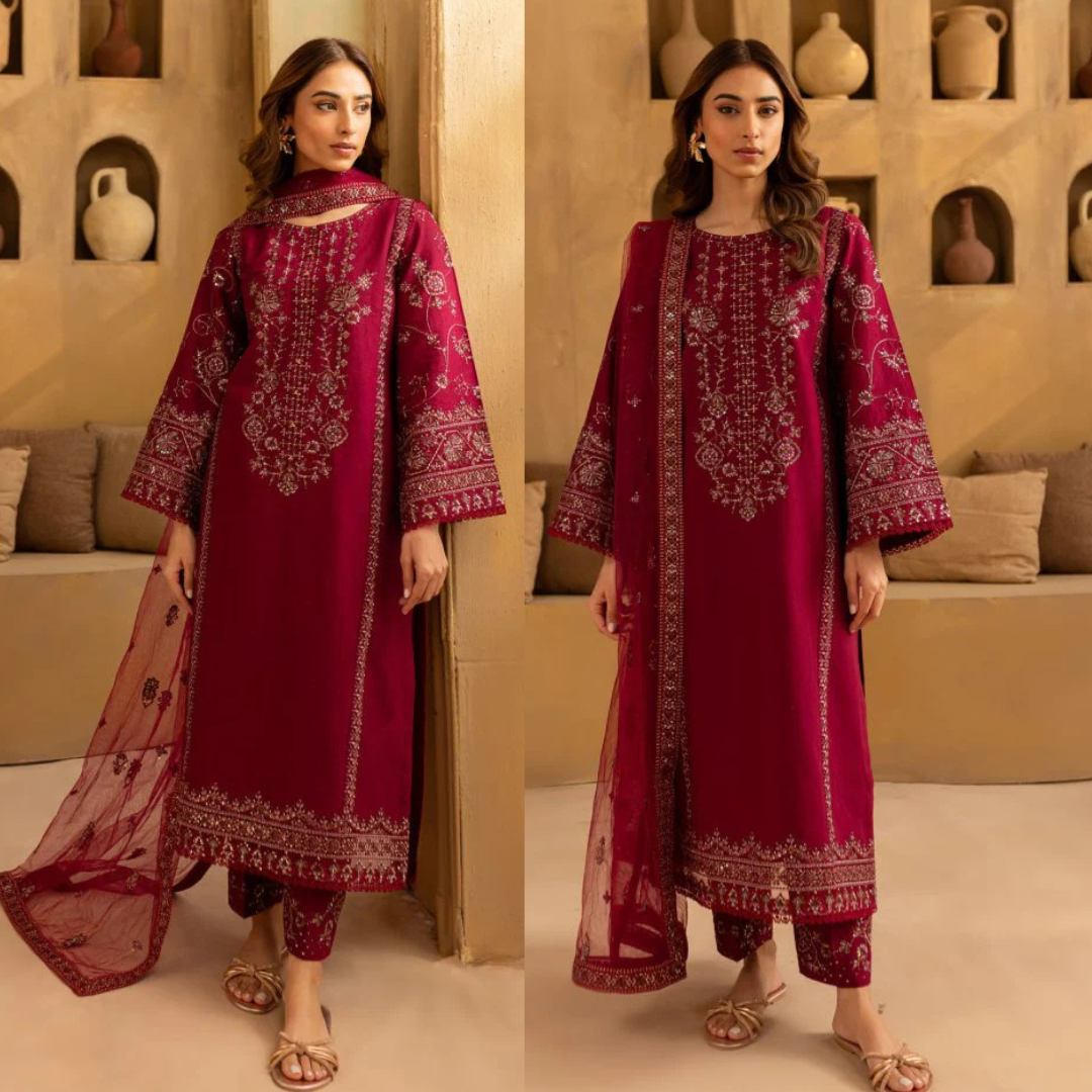 3PC Lawn Embroidered Suit with chiffon embroidered dupatta - zab1397