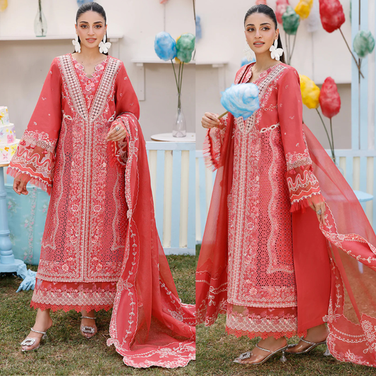 Chikenkari Qalamkar Embroidered 3 PC Lawn - zab1417