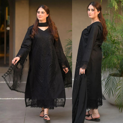 3PC Lawn Chikankari Embroidered Shirt with Monar Embroidered Dupatta and Trouser - zab1440