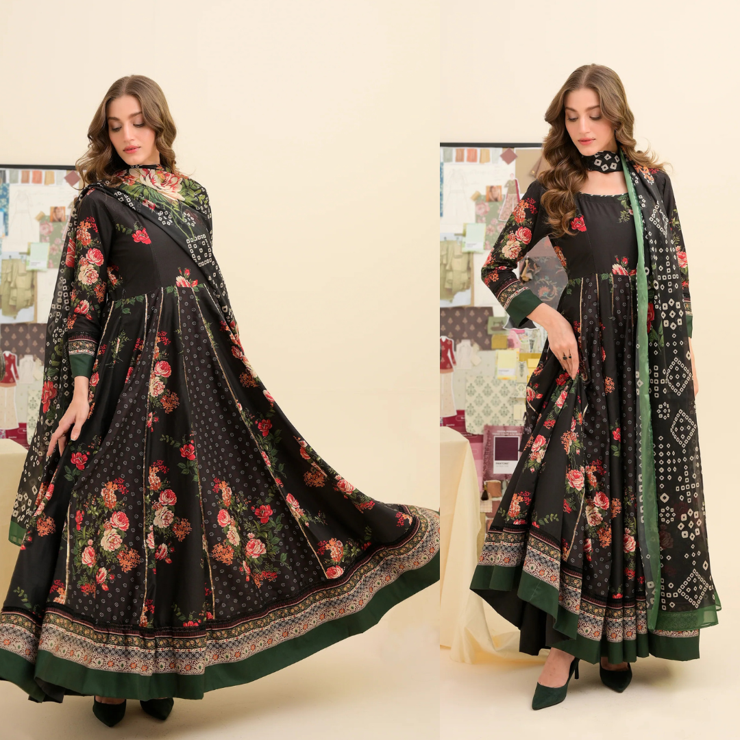 FAIZA SAQLAIN lawn Frock 3 PCS UNSTITCHED PRINTED SUIT - zab1475