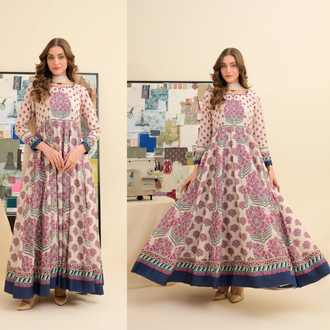 FAIZA SAQLAIN lawn Frock 3 PCS UNSTITCHED PRINTED SUIT - zab1476