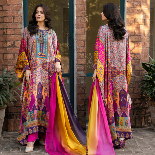 Maria b 3PCS UNSTITCHED SUIT FABRIC Digtal printed Silk - zab1484
