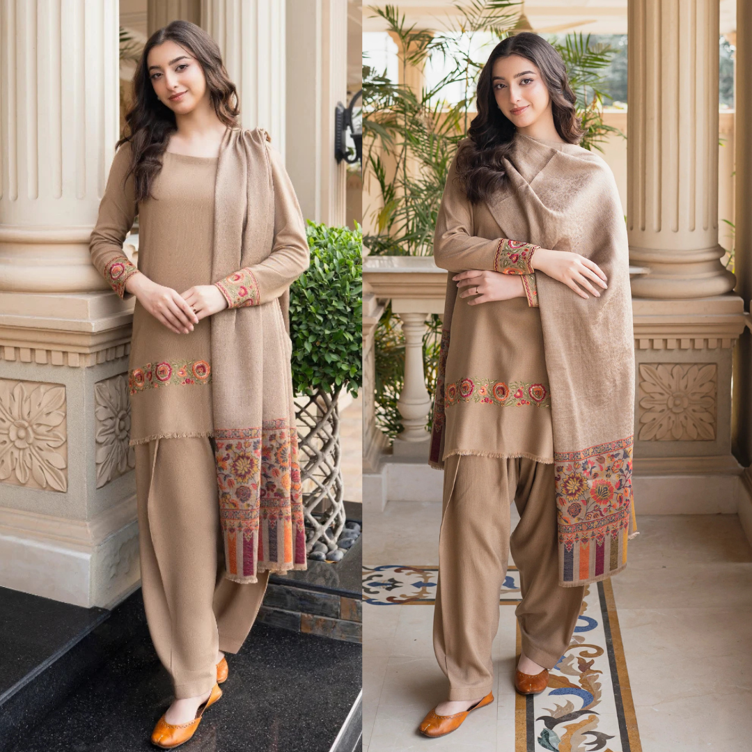Aisling - Winter 3PC Dhanak Embroidered Suit - zab1501