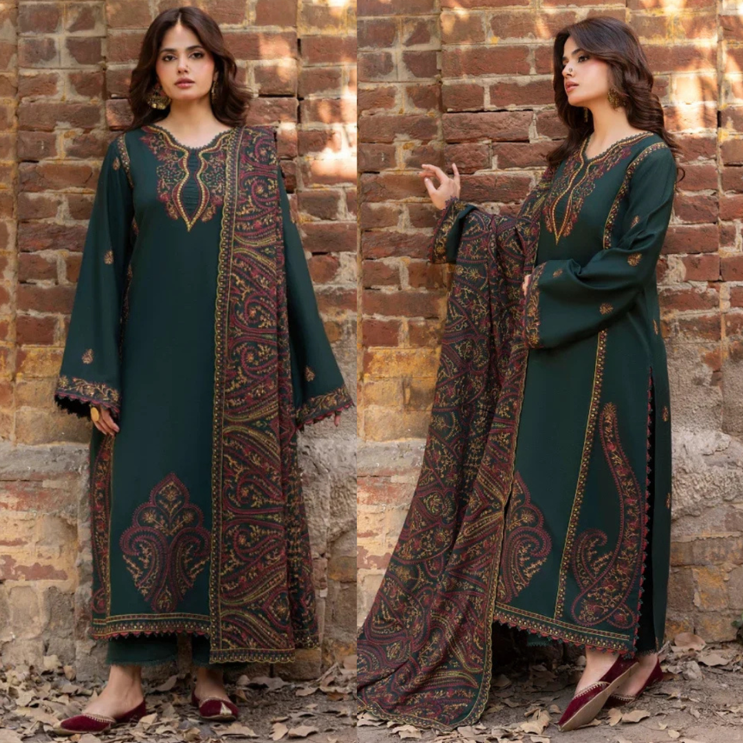 Izel - Winter 3PC Dhanak Embroidered Suit - zab1503
