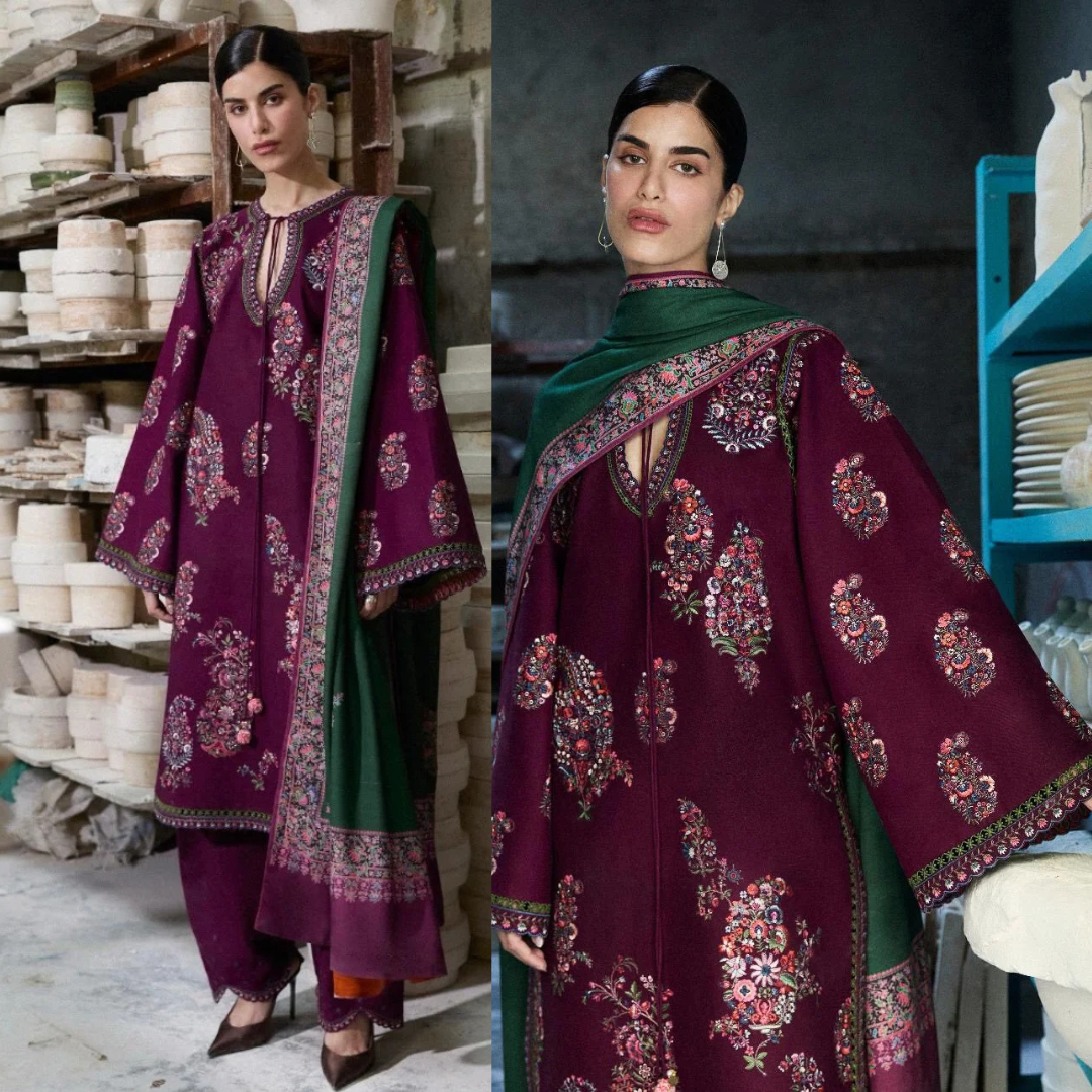 Hussain rehar - Winter 3PC Dhanak Embroidered Suit - zab1505