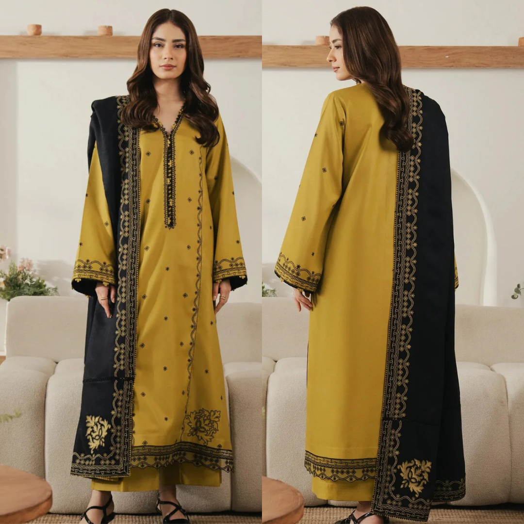 Motifz - Winter 3PC Dhanak Embroidered Suit - zab1506