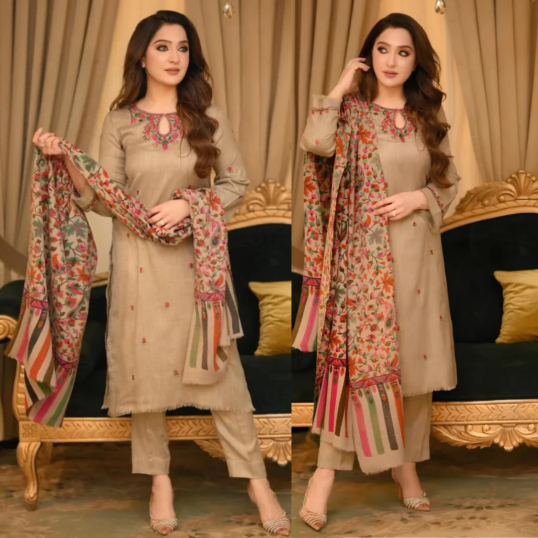 Bunnai - 3PC Dhanak Embroidered Shirt With Wool Printed Dupatta and Trouser - zab1508