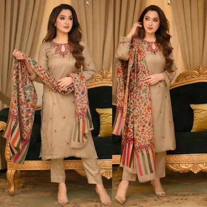 Bunnai - 3PC Dhanak Embroidered Shirt With Wool Printed Dupatta and Trouser - zab1508