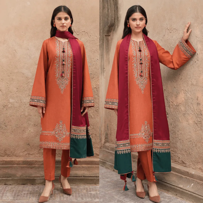 Jazmin - 3PC Dhanak Embroidered Shirt With Wool Printed Dupatta and Trouser - zab1509