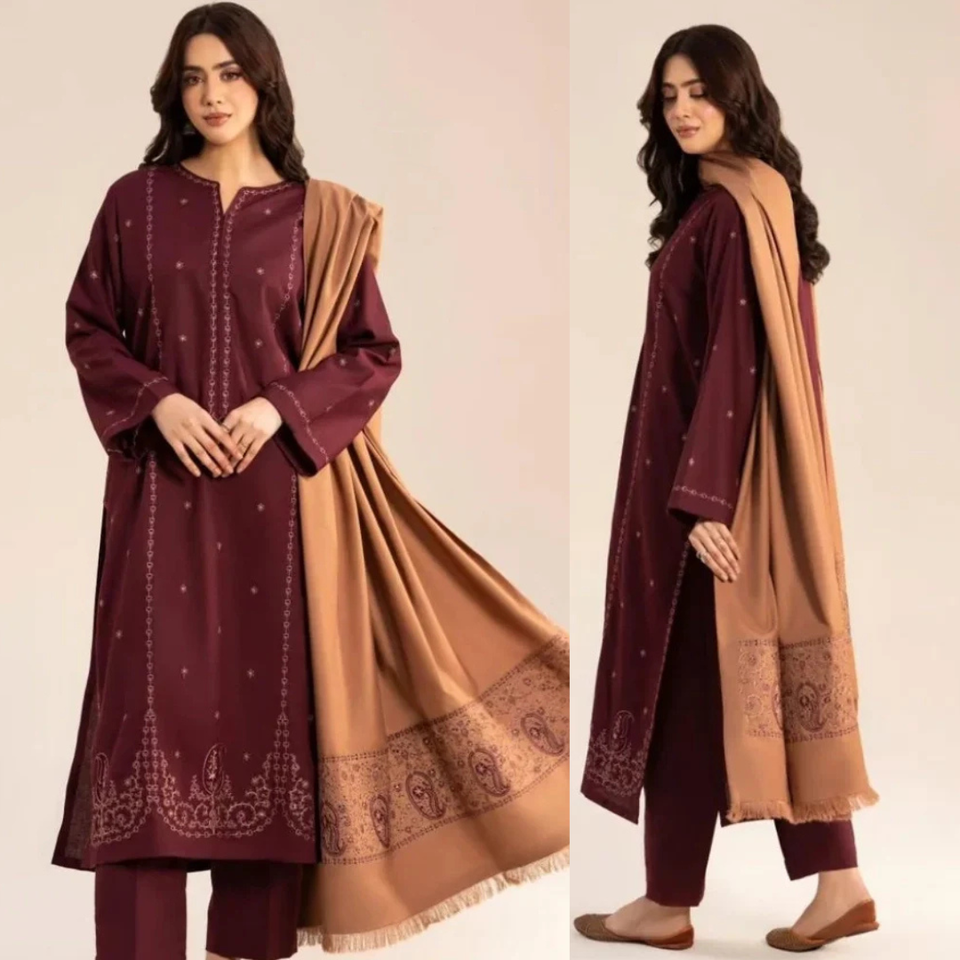 Sapphire - 3PC Dhanak Embroidered Shirt With Wool Embroidered Dupatta and Trouser - zab1510