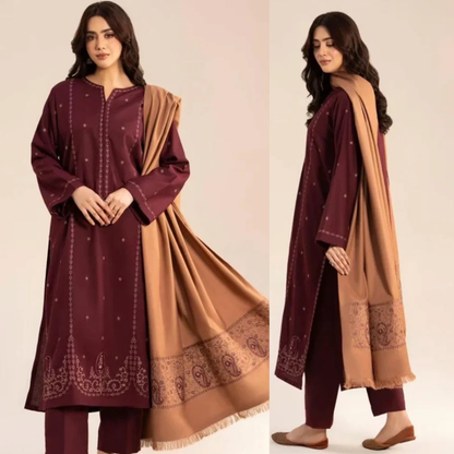 Sapphire - 3PC Dhanak Embroidered Shirt With Wool Embroidered Dupatta and Trouser - zab1510