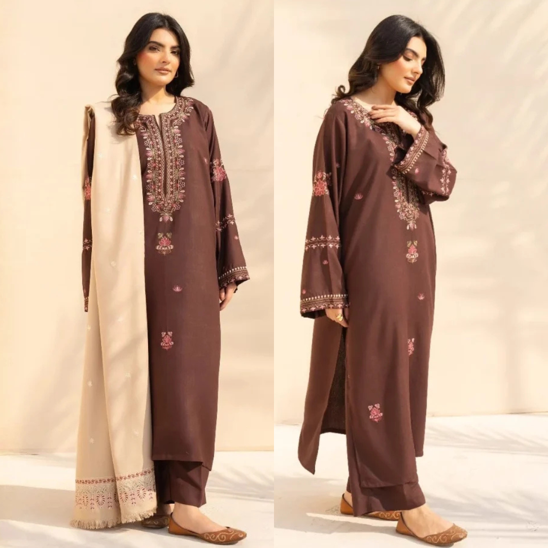 3PC Dhanak Embroidered Shirt With Wool Printed Dupatta and Trouser - zab1511