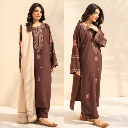 3PC Dhanak Embroidered Shirt With Wool Printed Dupatta and Trouser - zab1511