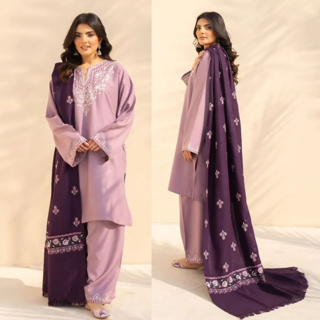 3PC Dhanak Embroidered Shirt With Wool Embroidered Dupatta and Trouser - zab1512