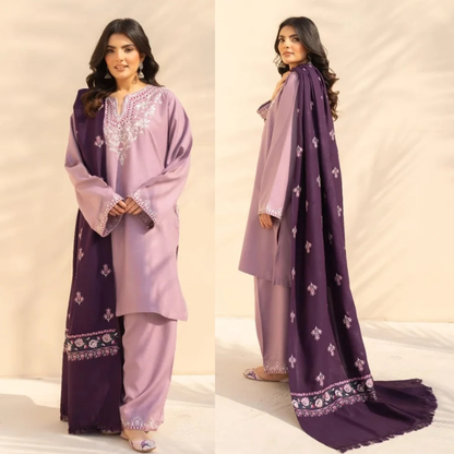 3PC Dhanak Embroidered Shirt With Wool Embroidered Dupatta and Trouser - zab1512