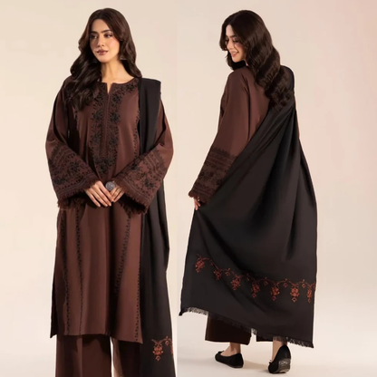 Lazuli - 3PC Dhanak Embroidered Shirt With Wool Embroidered Dupatta and Trouser - zab1513