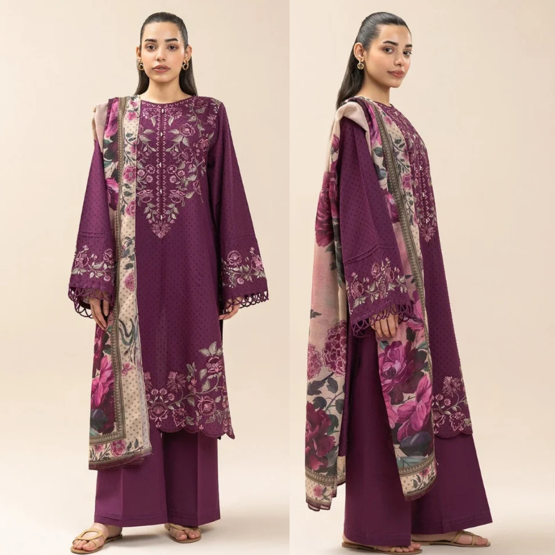 Beechtree - 3PC Dhanak Embroidered Shirt With Chiffon Printed Dupatta and Trouser - zab1514
