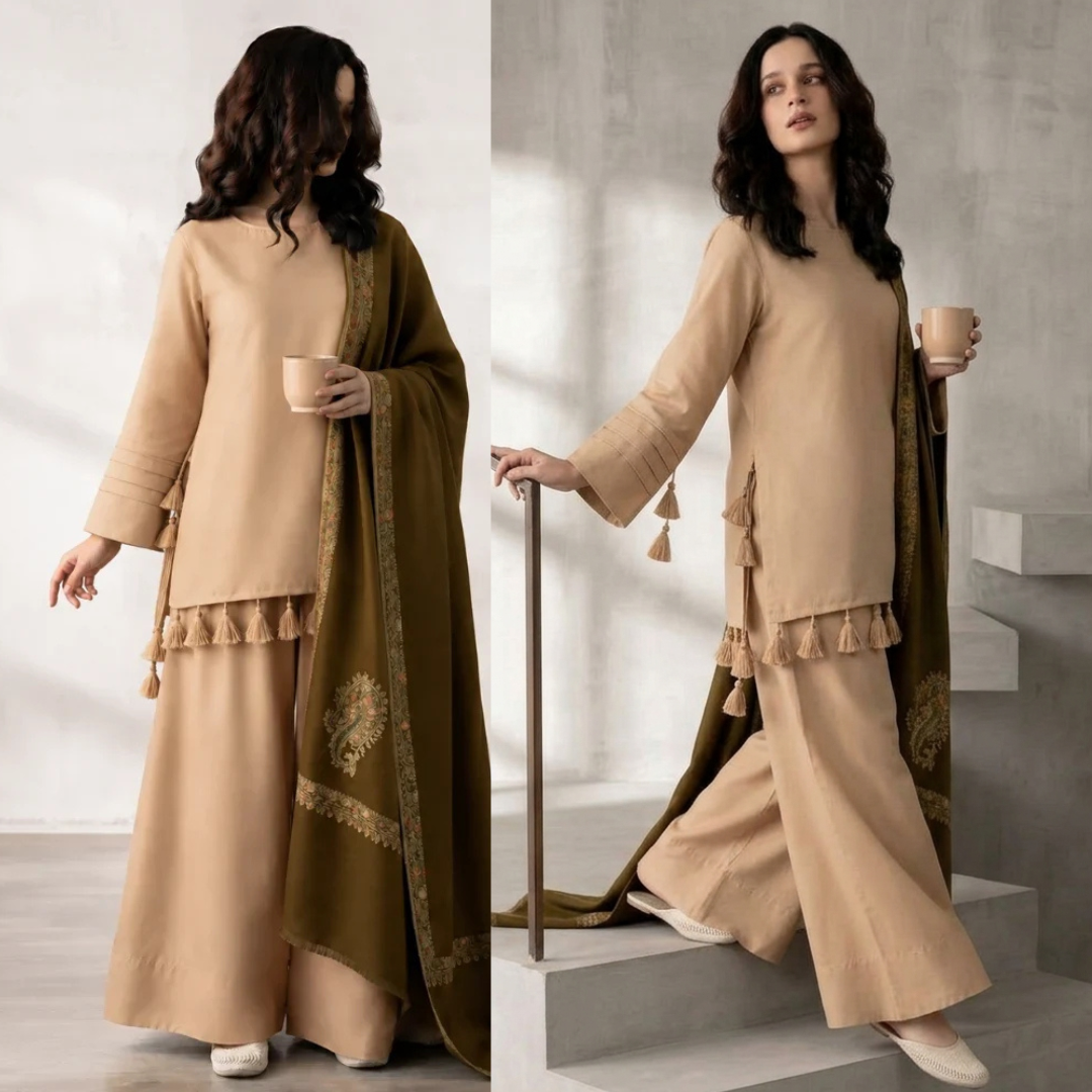 Premium Beige & Olive Green 3-Piece Unstitched Suit with Printed Shawl - zab1516