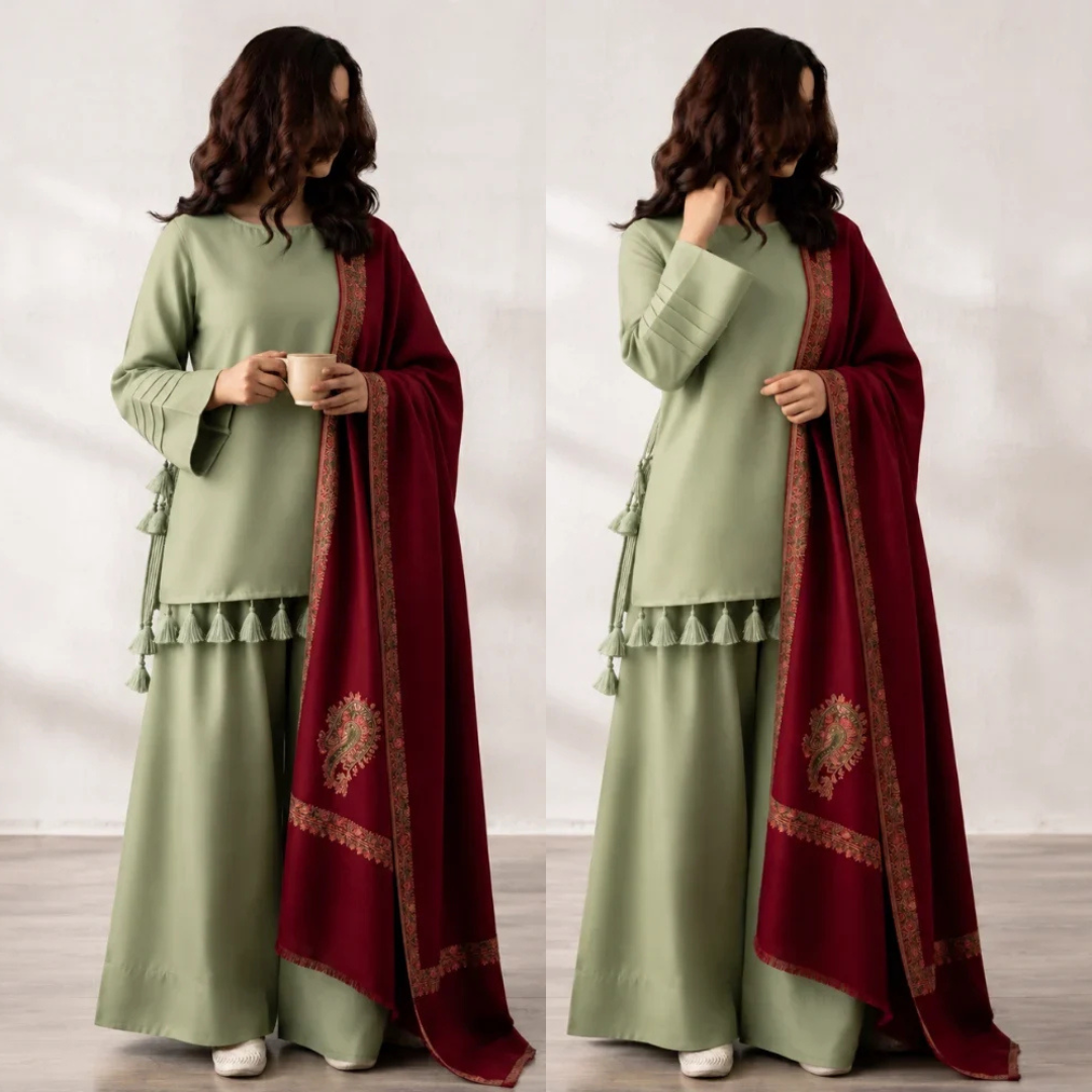Elegant Sage Green 3-Piece Suit with Maroon Printed Shawl - zab1517