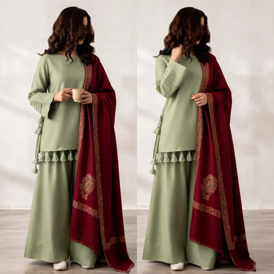Elegant Sage Green 3-Piece Suit with Maroon Printed Shawl - zab1517