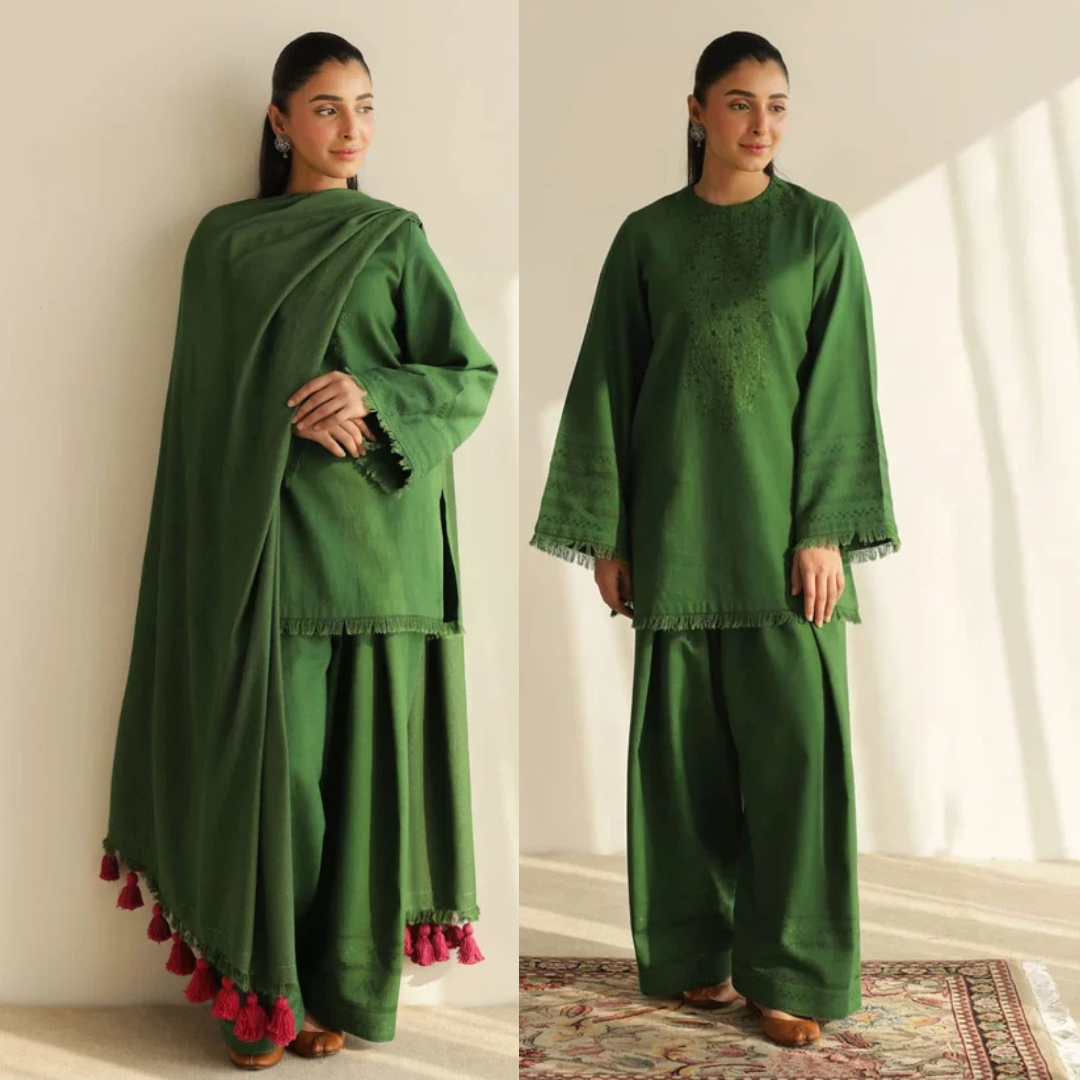 Premium Emerald Green 3-Piece Unstitched Suit with MaTching Shawl - zab1518