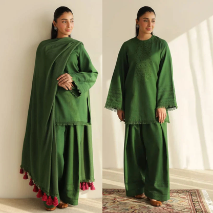 Premium Emerald Green 3-Piece Unstitched Suit with MaTching Shawl - zab1518