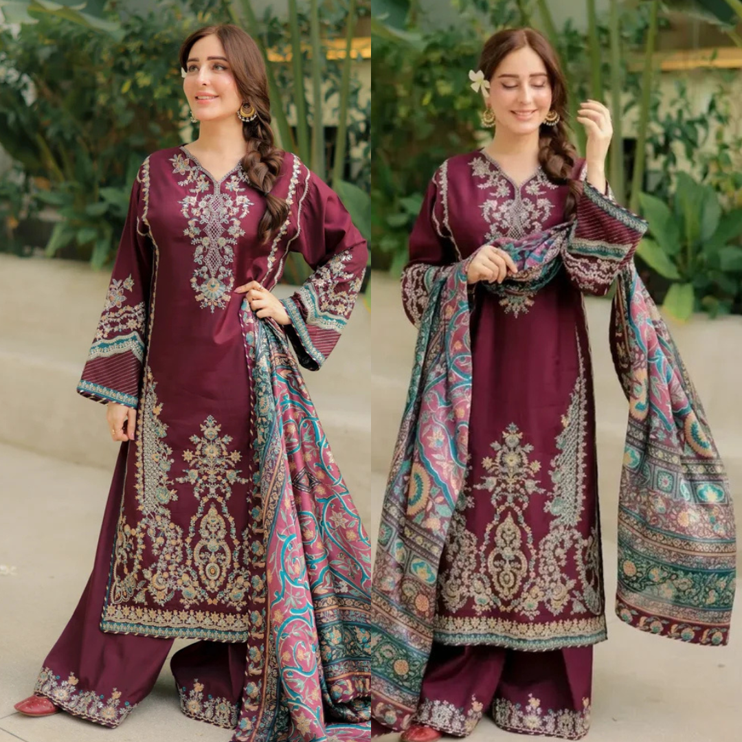 Sapphire - Winter 3PC Dhanak Embroidered Suit - zab1520