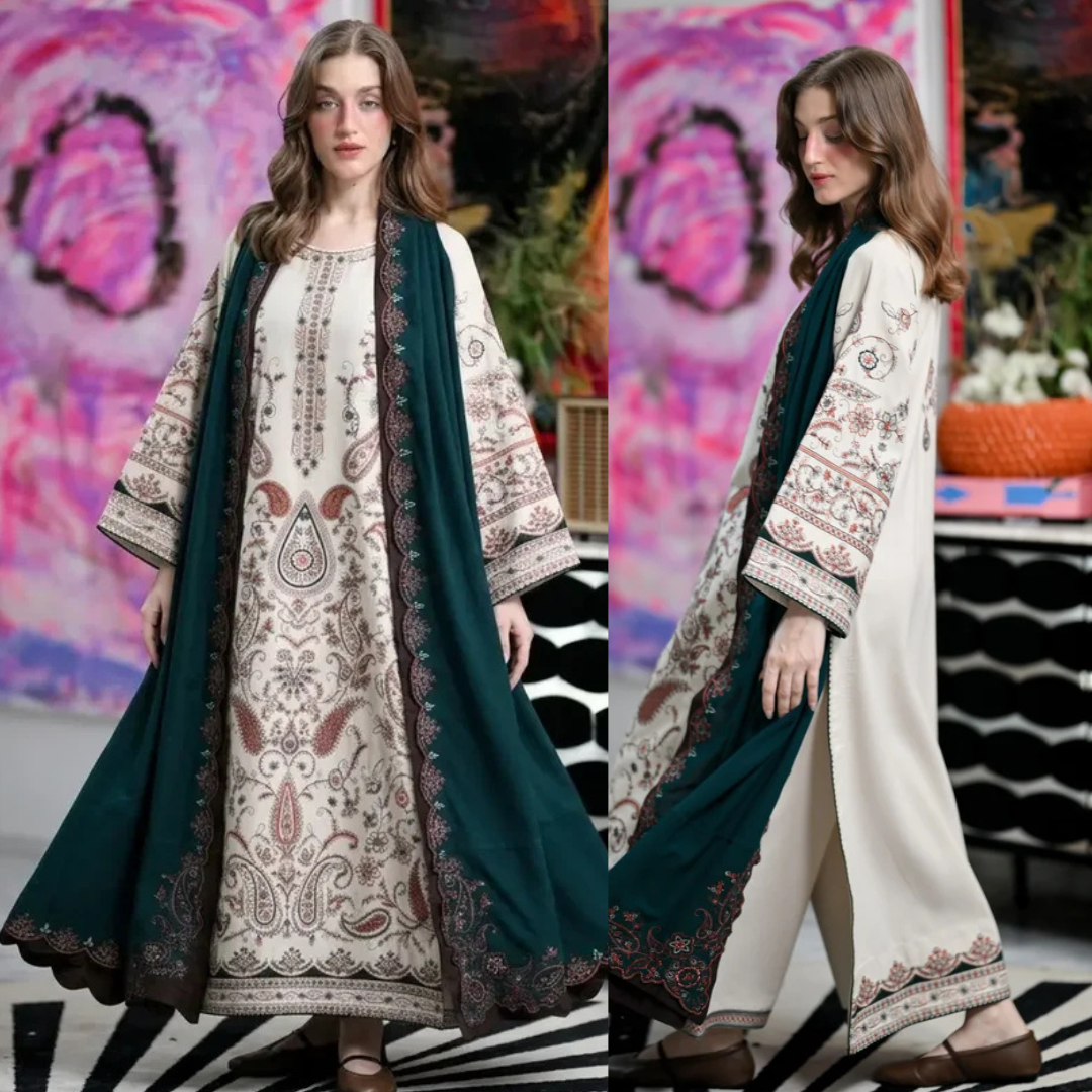 Izel - Winter 3PC Dhanak Embroidered Suit - zab1529
