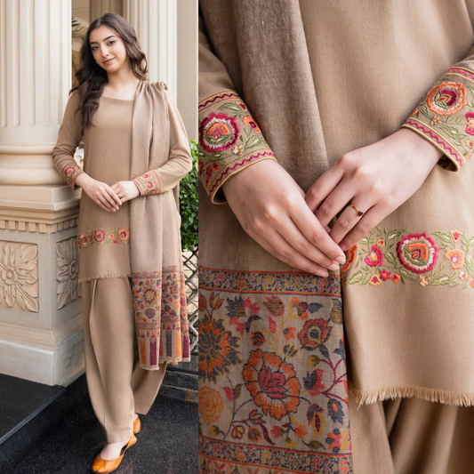 Aisling - Winter 3PC Dhanak Embroidered Suit - zab1530