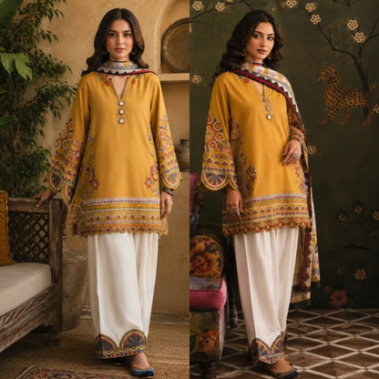 ETHNIC - 03 PCS UNSTITCHED Dhank Embroidered Suit - zab1538