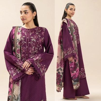 Beechtree - 3PC Dhanak Embroidered Shirt With Wool Printed Dupatta and Trouser - zab1540