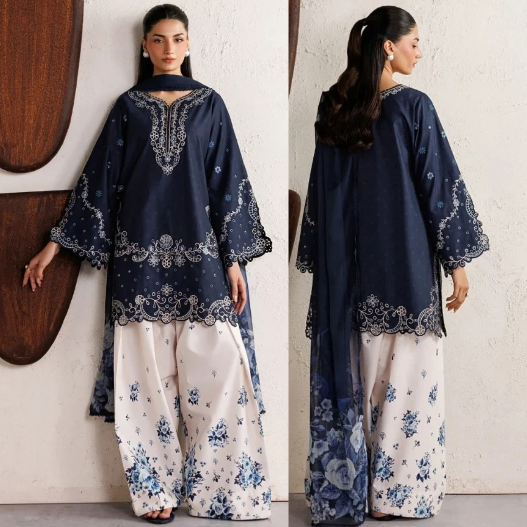 Iznik - 3PC Unstitched Silk Embroidered Shirt with Digital Printed Shawl and Trouser - zab1546