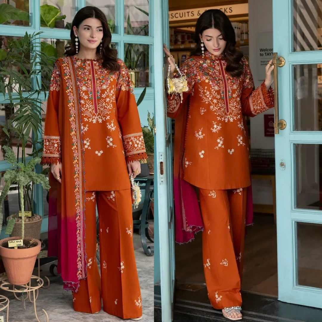 Batik - 3PC Dhanak Embroidered Shirt With Pashmina Printed Dupatta and Trouser - zab1548