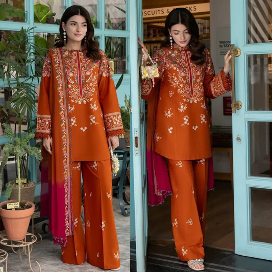 Batik - 3PC Dhanak Embroidered Shirt With Pashmina Printed Dupatta and Trouser - zab1548