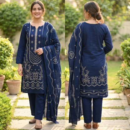 ZAB- Winter 3PC Slub Linen Embroidered Suit - zab1552